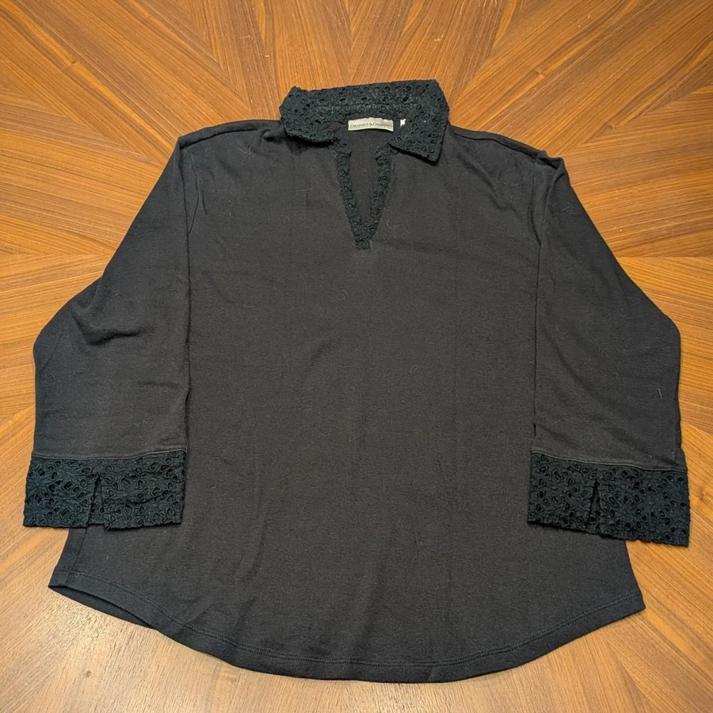 Draper's & Damon's Lace Collar Top Women Black Excellent 3/4 Sleeve Size L